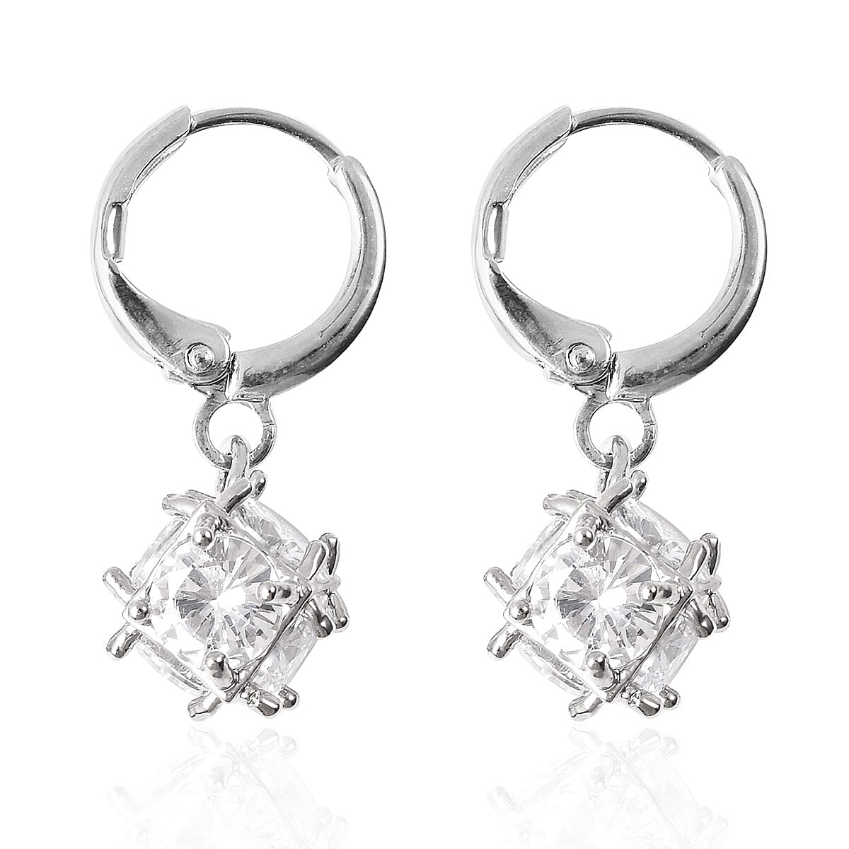 2 Piece Set - Simulated Diamond Pendant with Chain (Size 20 with 2 inch Extender) and Lever Back  Earrings in Silver Tone