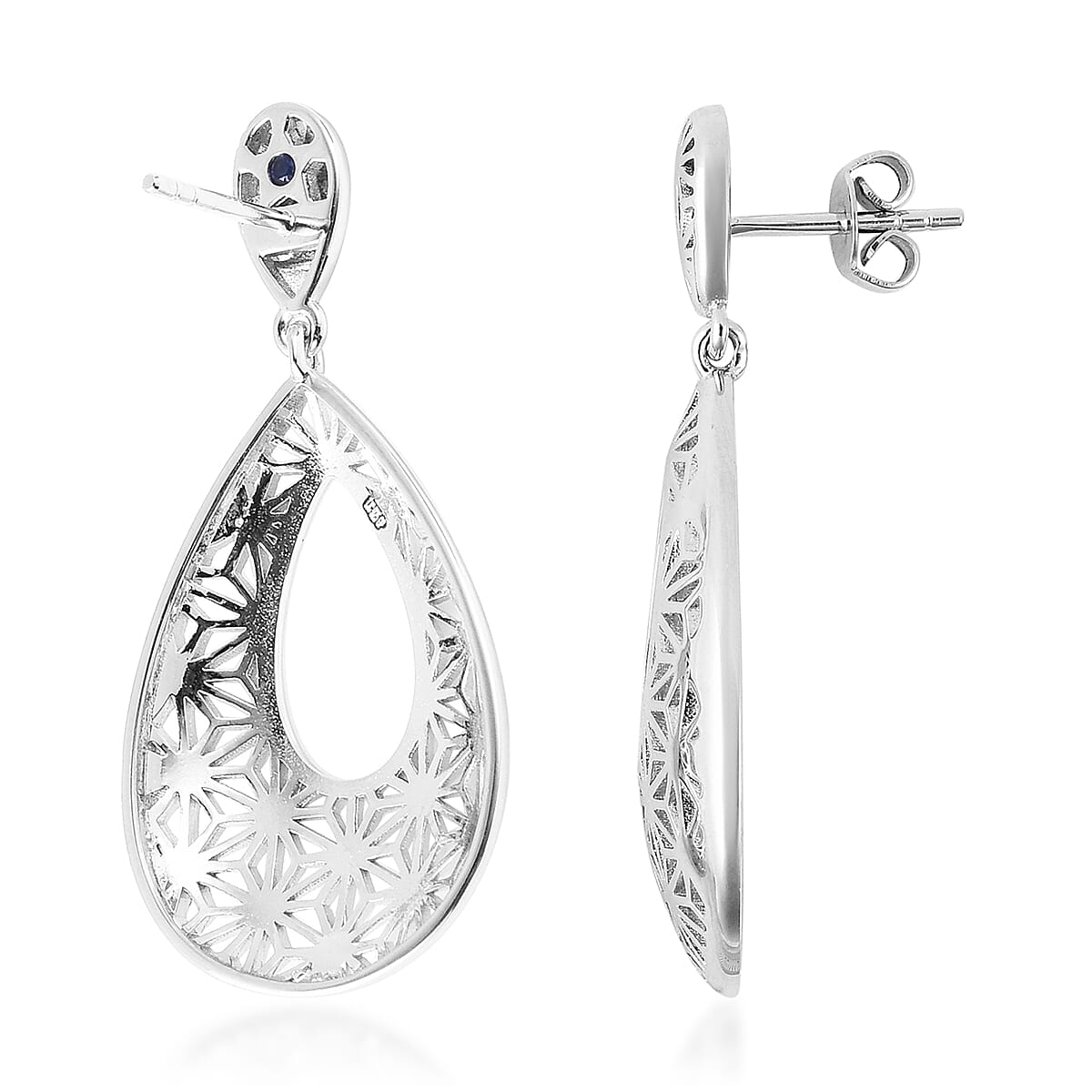 GP - Blue Sapphire Dangle Earrings (with Push Back) in Rhodium Overlay Sterling Silver