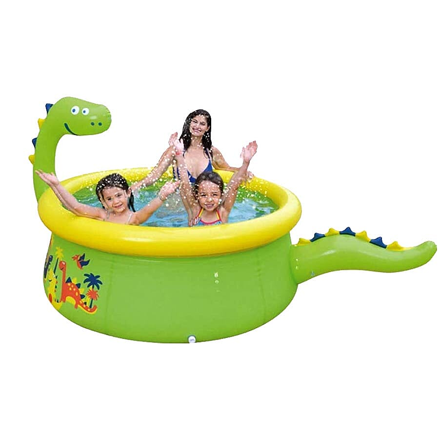 Inflatable Dinosaur Kids Swimming Pool with Spray (Size: 1.75mx62cm) - Green and Yellow