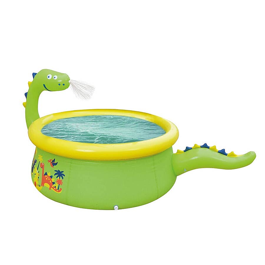 Inflatable Dinosaur Kids Swimming Pool with Spray (Size: 1.75mx62cm) - Green and Yellow