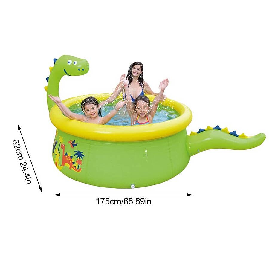 Inflatable Dinosaur Kids Swimming Pool with Spray (Size: 1.75mx62cm) - Green and Yellow