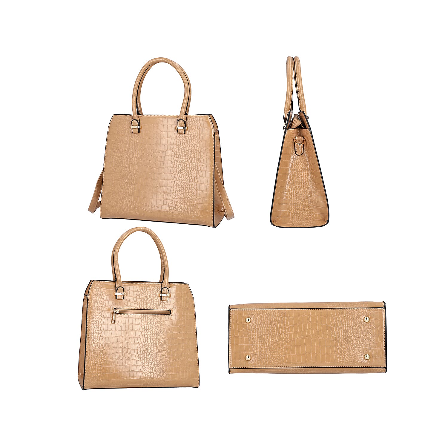 Croc Embossed Satchel Bag with Zipper Closure and Detachable Shoulder Strap (Size 32x12x28 Cm) - Light Brown