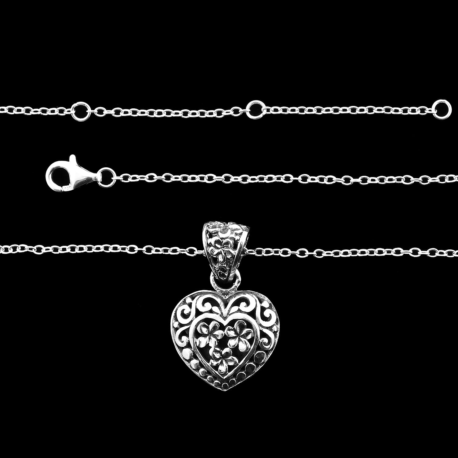 Midnight Mega Deal- Sterling Silver Filigree Heart Necklace (Size 18), Silver wt 4.00 Gms