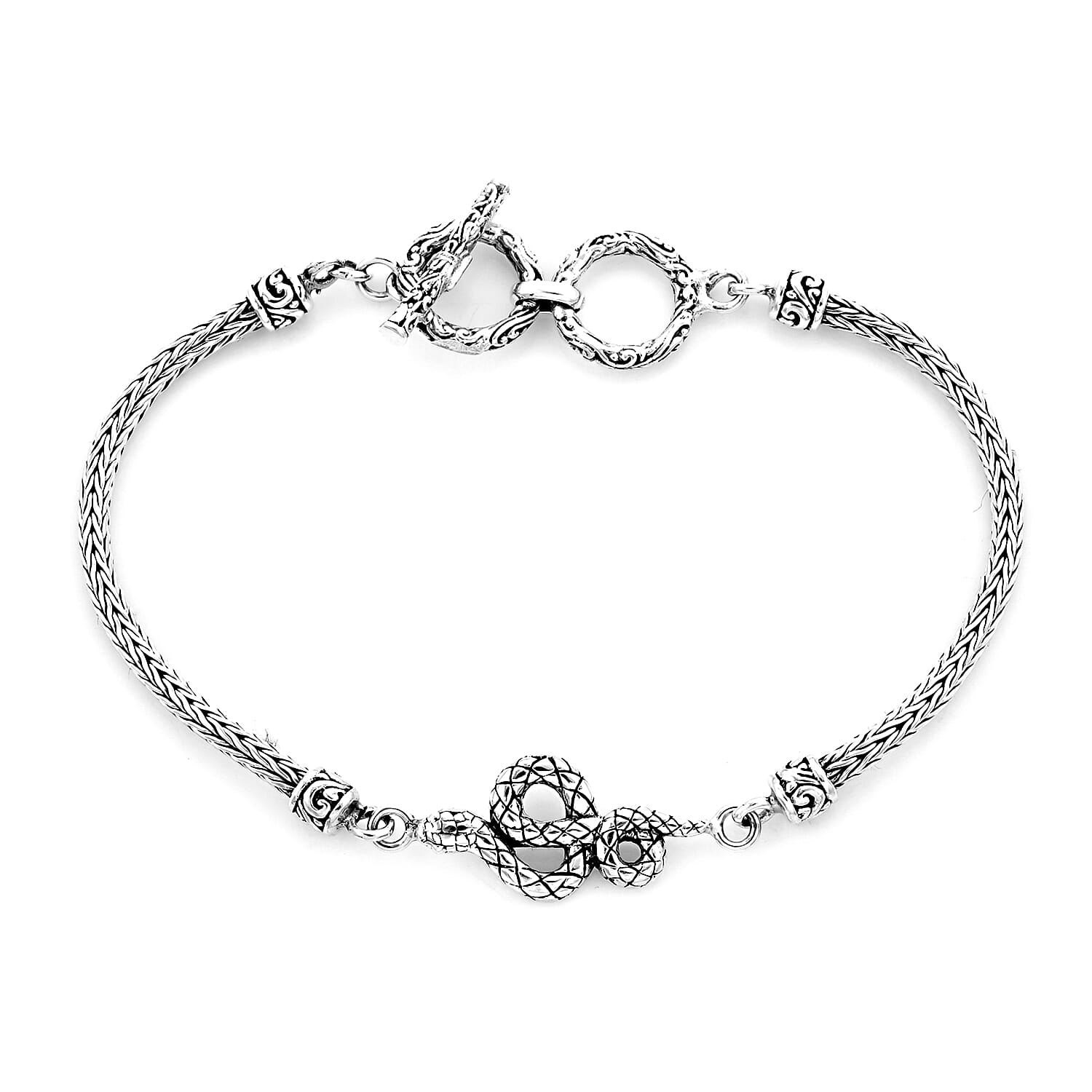 Royal Bali Collection - Sterling Silver Snake Tulang Naga Toggle Bar Bracelet (Size 7.5 with Extender), Silver wt 10.70 Gms