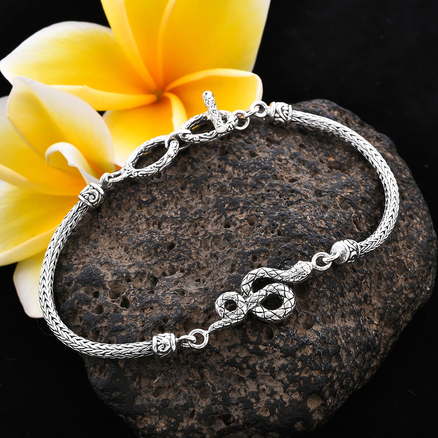 Royal Bali Collection - Sterling Silver Snake Tulang Naga Toggle Bar Bracelet (Size 7.5 with Extender), Silver wt 10.70 Gms