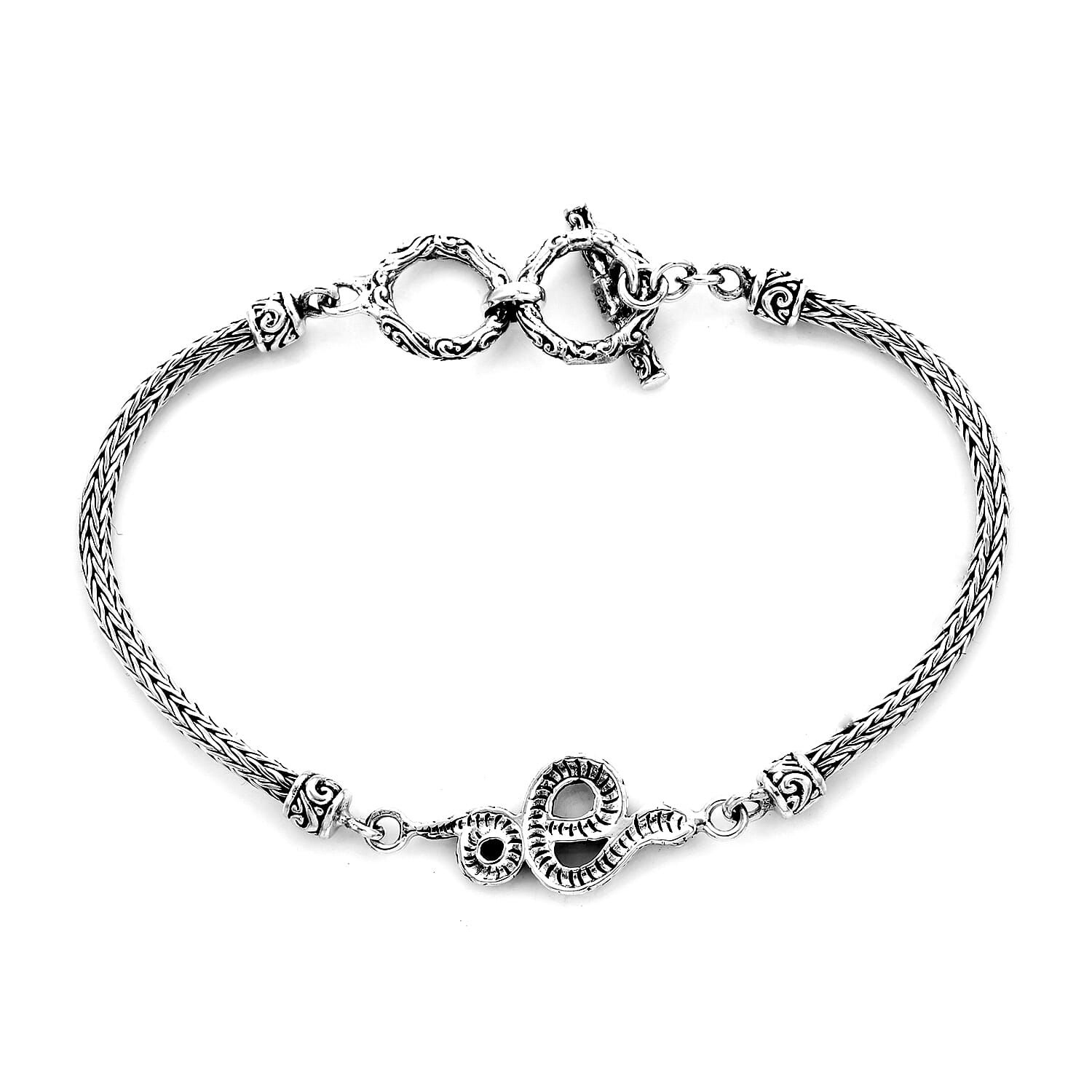 Royal Bali Collection - Sterling Silver Snake Tulang Naga Toggle Bar Bracelet (Size 7.5 with Extender), Silver wt 10.70 Gms