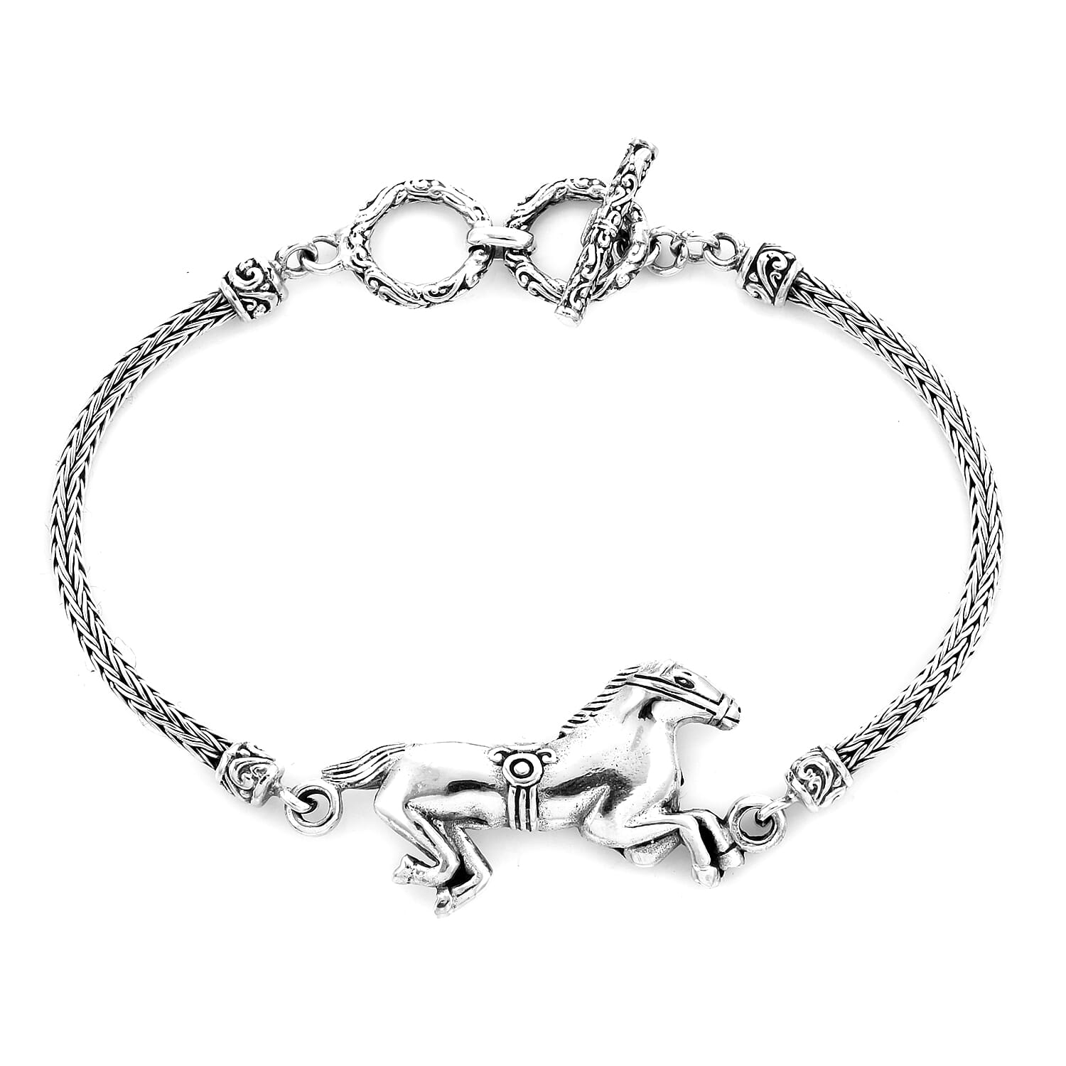 Royal Bali Collection - Sterling Silver Horse Tulang Naga Toggle Bar Bracelet (Size 7.5 with Extender),  Silver wt 13.87 Gms