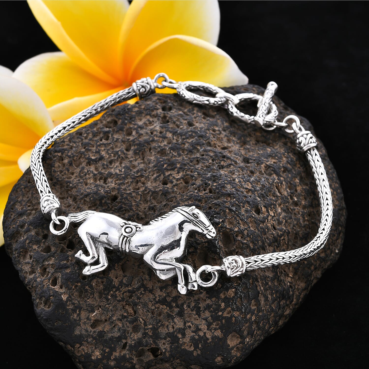 Royal Bali Collection - Sterling Silver Horse Tulang Naga Toggle Bar Bracelet (Size 7.5 with Extender),  Silver wt 13.87 Gms
