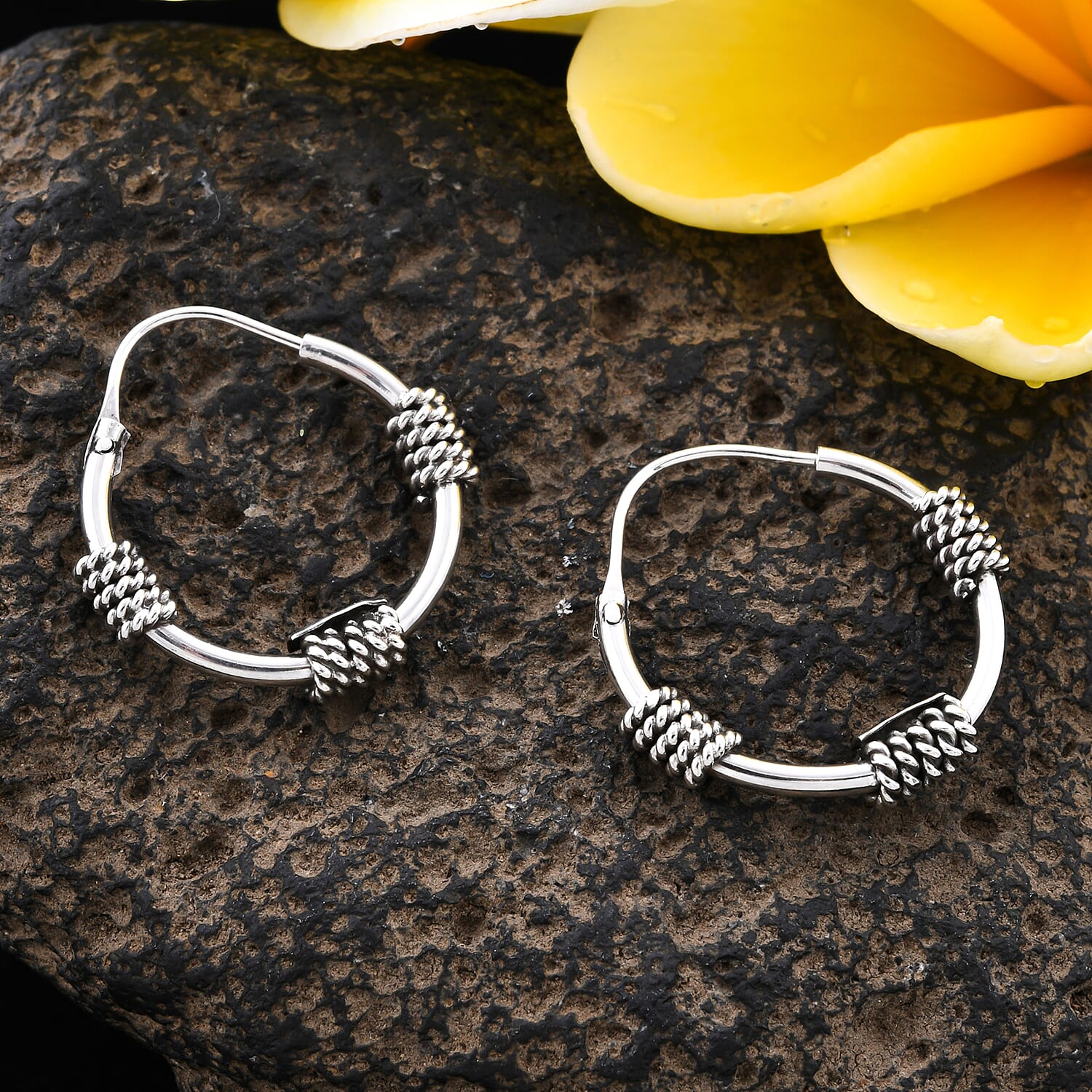 Royal Bali Collection - Sterling Silver Hoop Earrings (with Clasp Lock), Silver wt 3.40 Gms