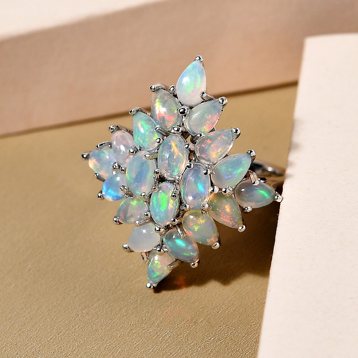 Ethiopian Welo Opal Cluster Ring in Platinum Overlay Sterling Silver 3.00 Ct.