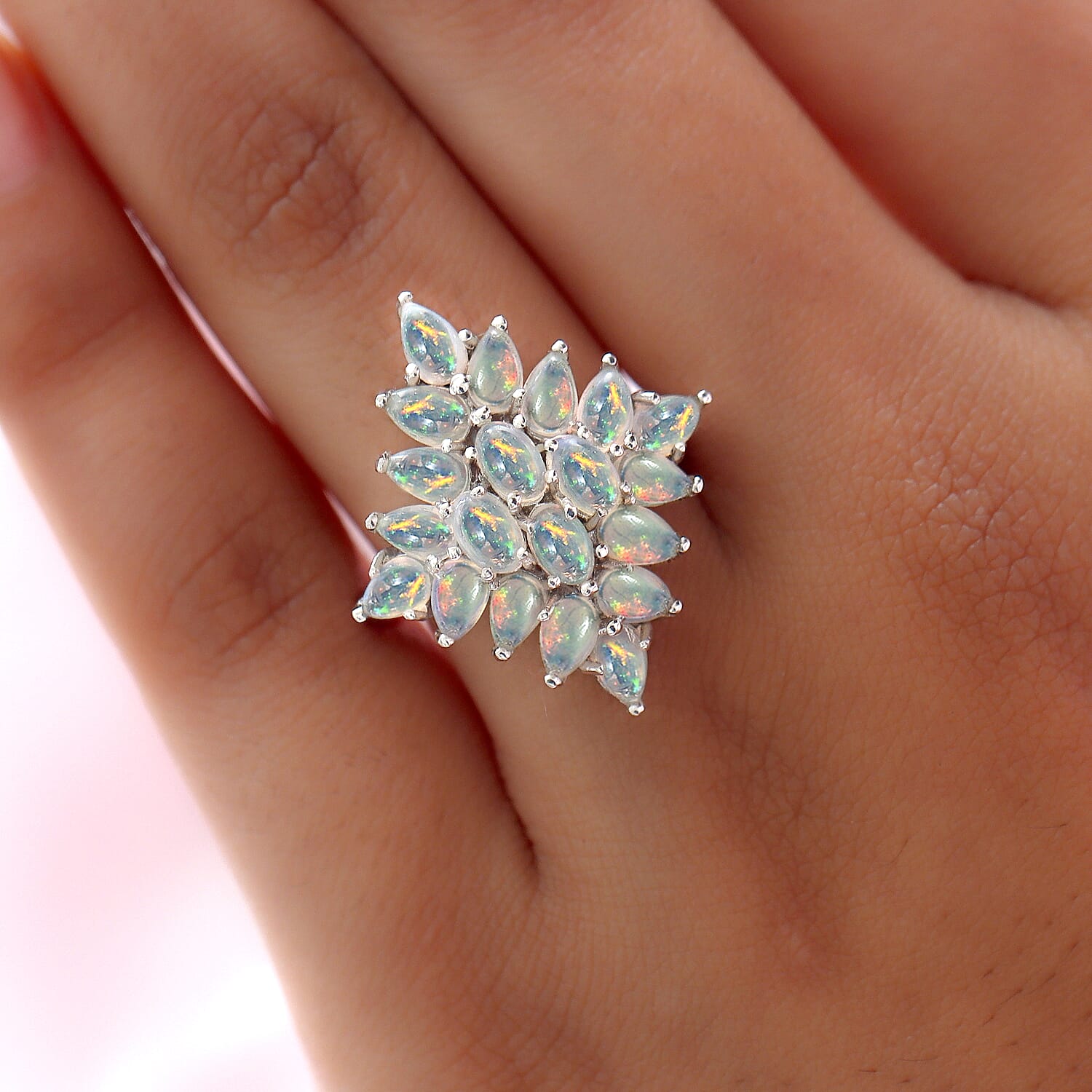 Ethiopian Welo Opal Cluster Ring in Platinum Overlay Sterling Silver 3.00 Ct.