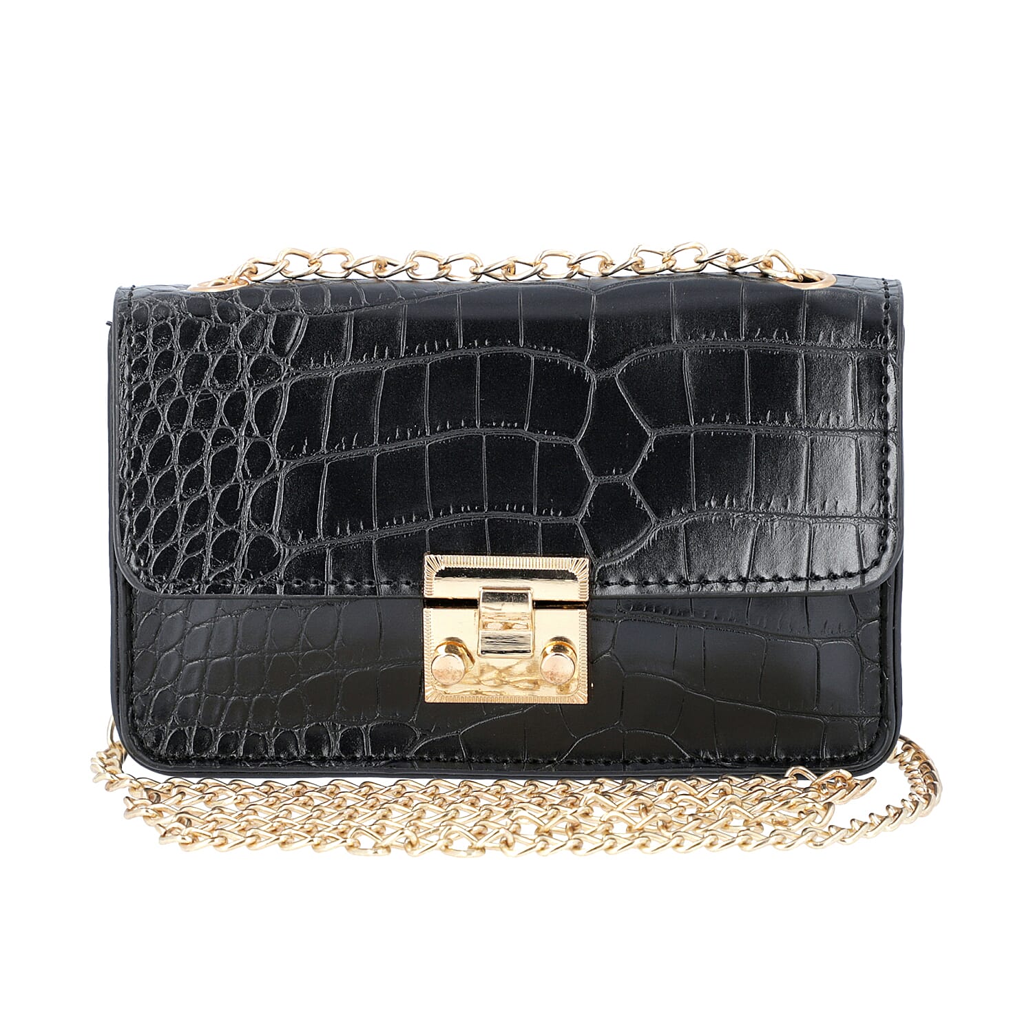 Black Croc Pattern Two Way Waist Bag with Chain Strap (Size 16.5x11 Cm)