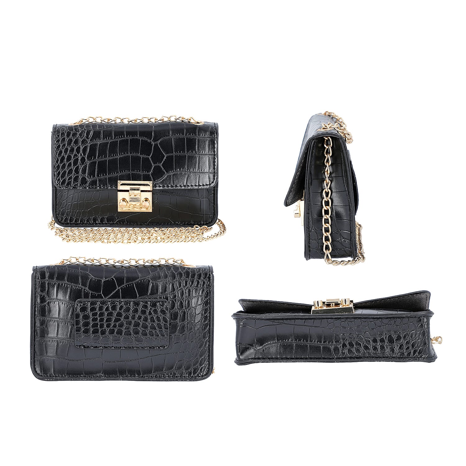 Black Croc Pattern Two Way Waist Bag with Chain Strap (Size 16.5x11 Cm)