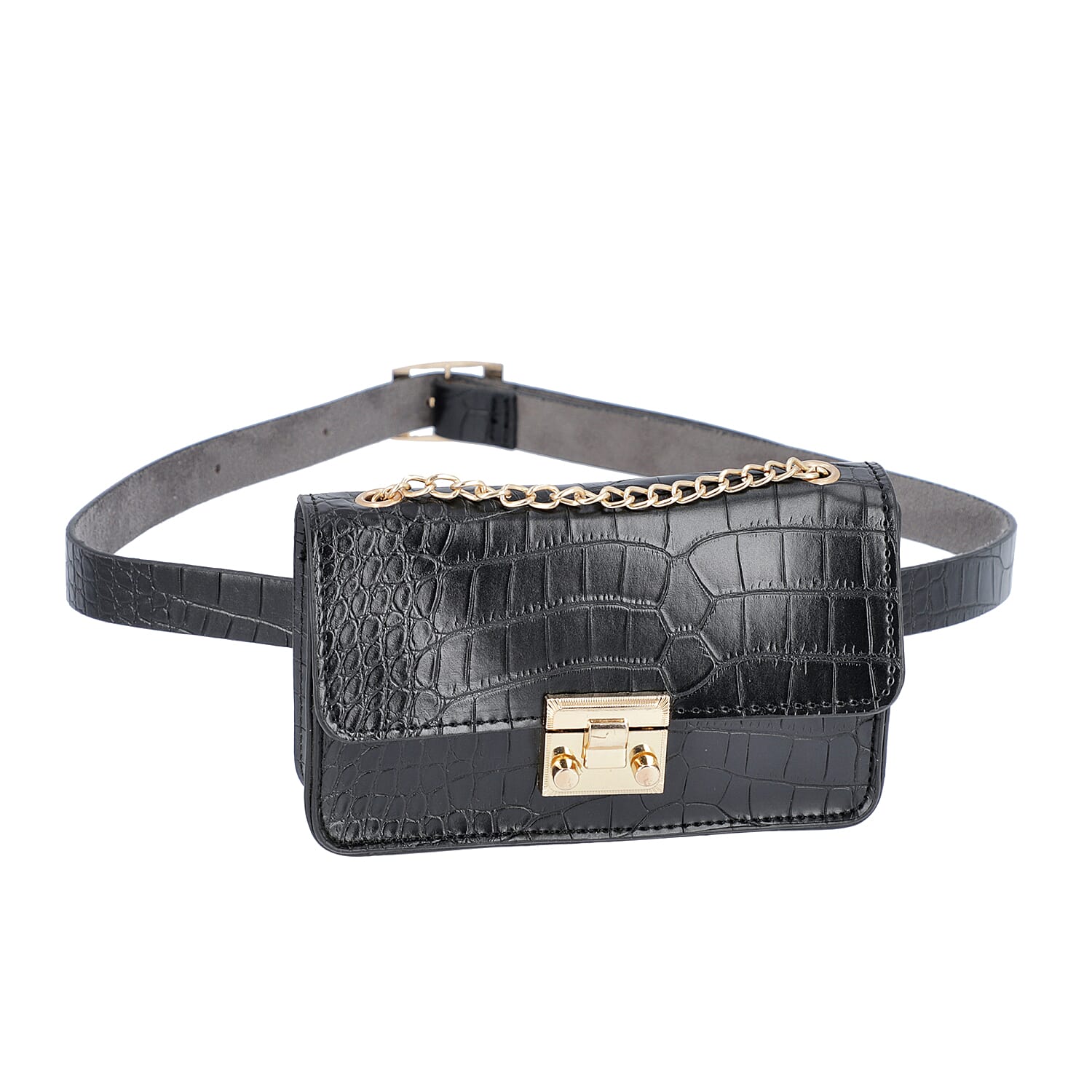 Black Croc Pattern Two Way Waist Bag with Chain Strap (Size 16.5x11 Cm)
