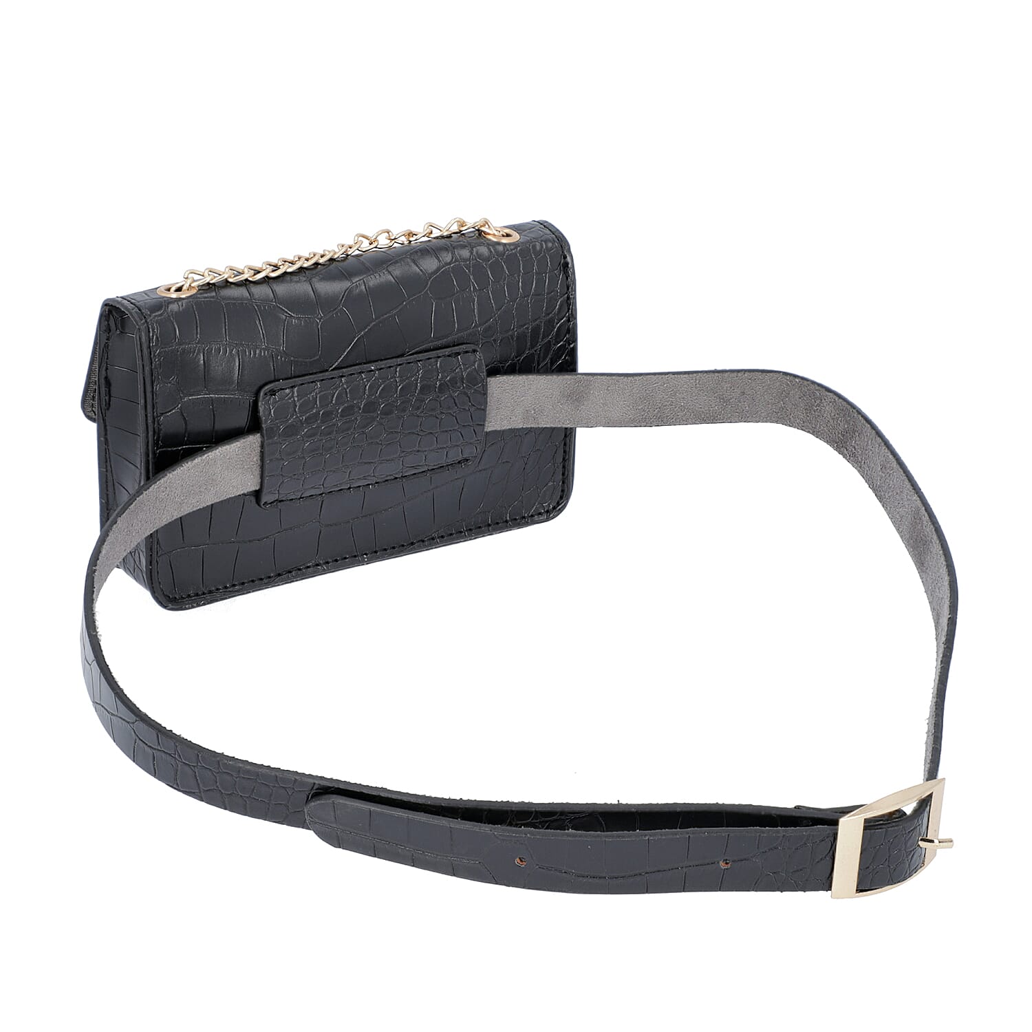 Black Croc Pattern Two Way Waist Bag with Chain Strap (Size 16.5x11 Cm)