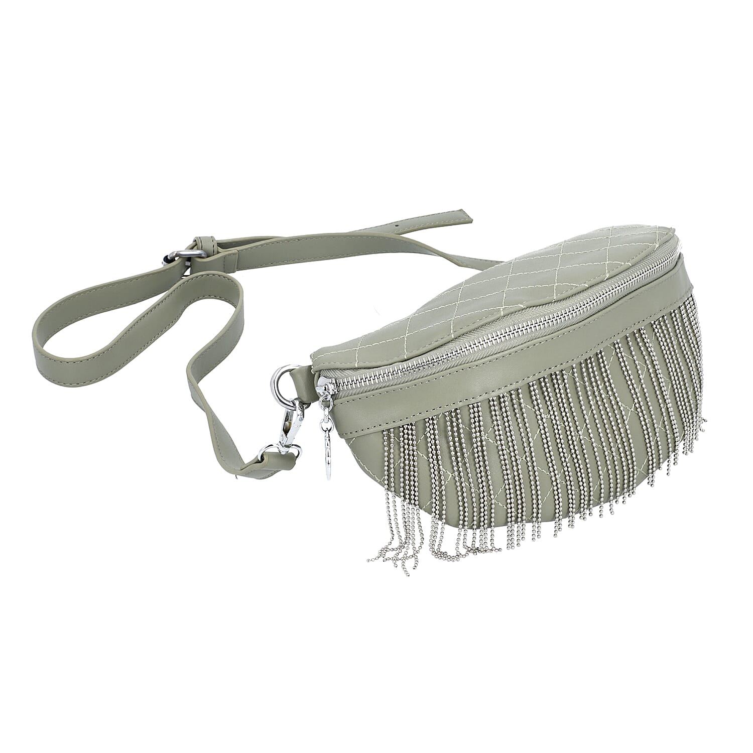 Mint Green Quilted Pattern Waist Bag with Zipper Closure and Tassels (Size 25x10 Cm)