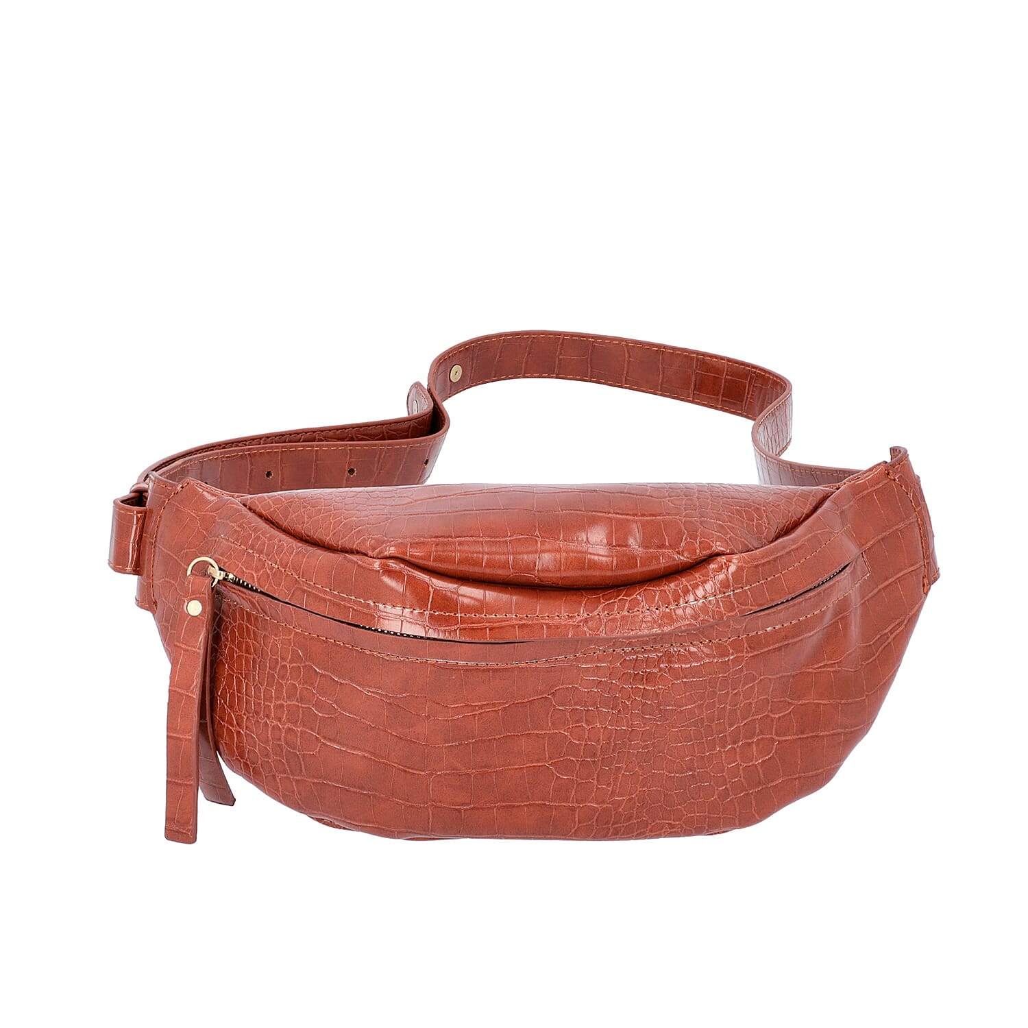 Tan Croc Pattern Waist Bag with Zipper Closure (Size 28x10 Cm)