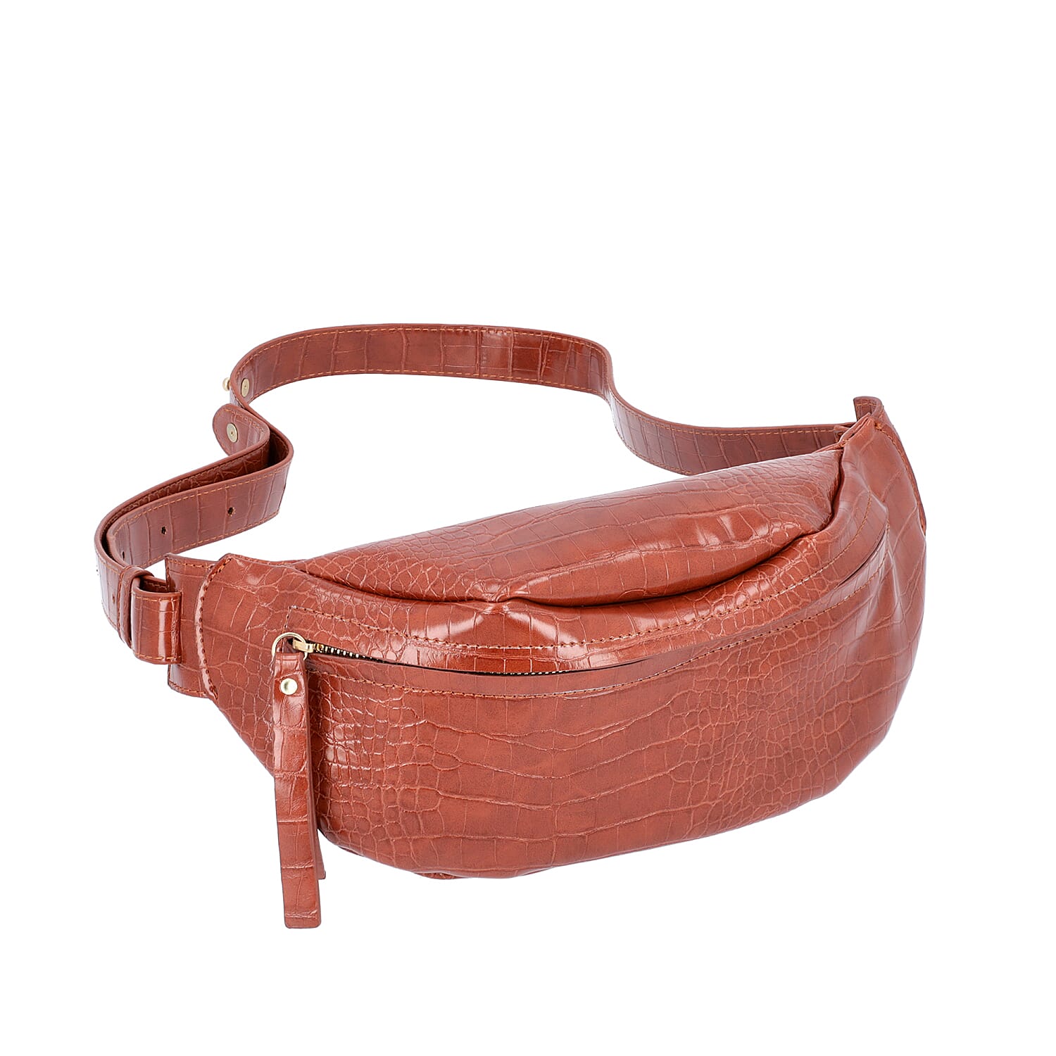 Tan Croc Pattern Waist Bag with Zipper Closure (Size 28x10 Cm)