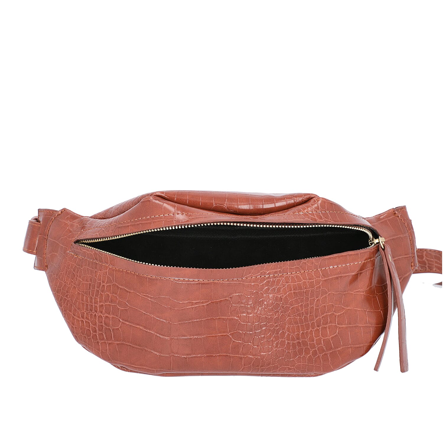 Tan Croc Pattern Waist Bag with Zipper Closure (Size 28x10 Cm)