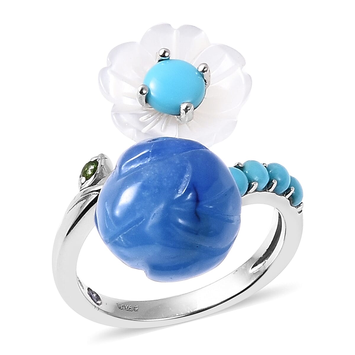 GP Blue Jade, Arizona Sleeping Beauty Turquoise and  Multi Gemstone Flower and Bud Bypass Ring in Rhodium Overlay Sterling Silver 12.98 Ct.