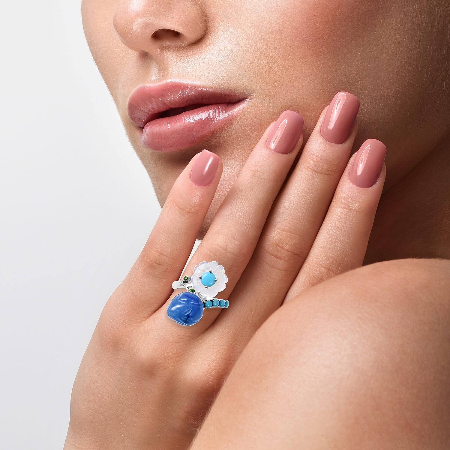 GP Blue Jade, Arizona Sleeping Beauty Turquoise and  Multi Gemstone Flower and Bud Bypass Ring in Rhodium Overlay Sterling Silver 12.98 Ct.