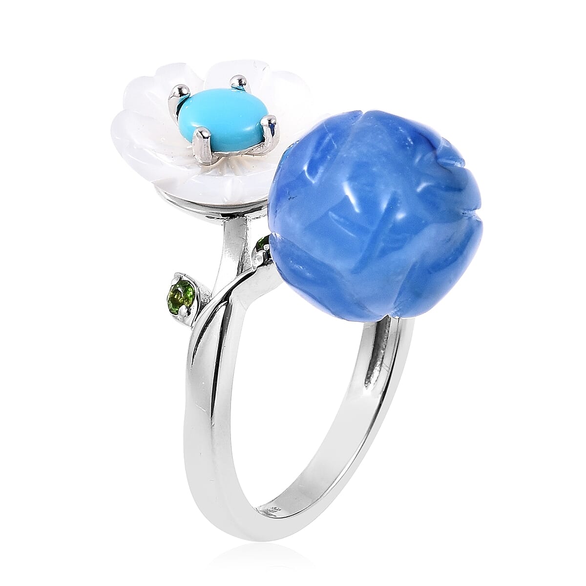 GP Blue Jade, Arizona Sleeping Beauty Turquoise and  Multi Gemstone Flower and Bud Bypass Ring in Rhodium Overlay Sterling Silver 12.98 Ct.