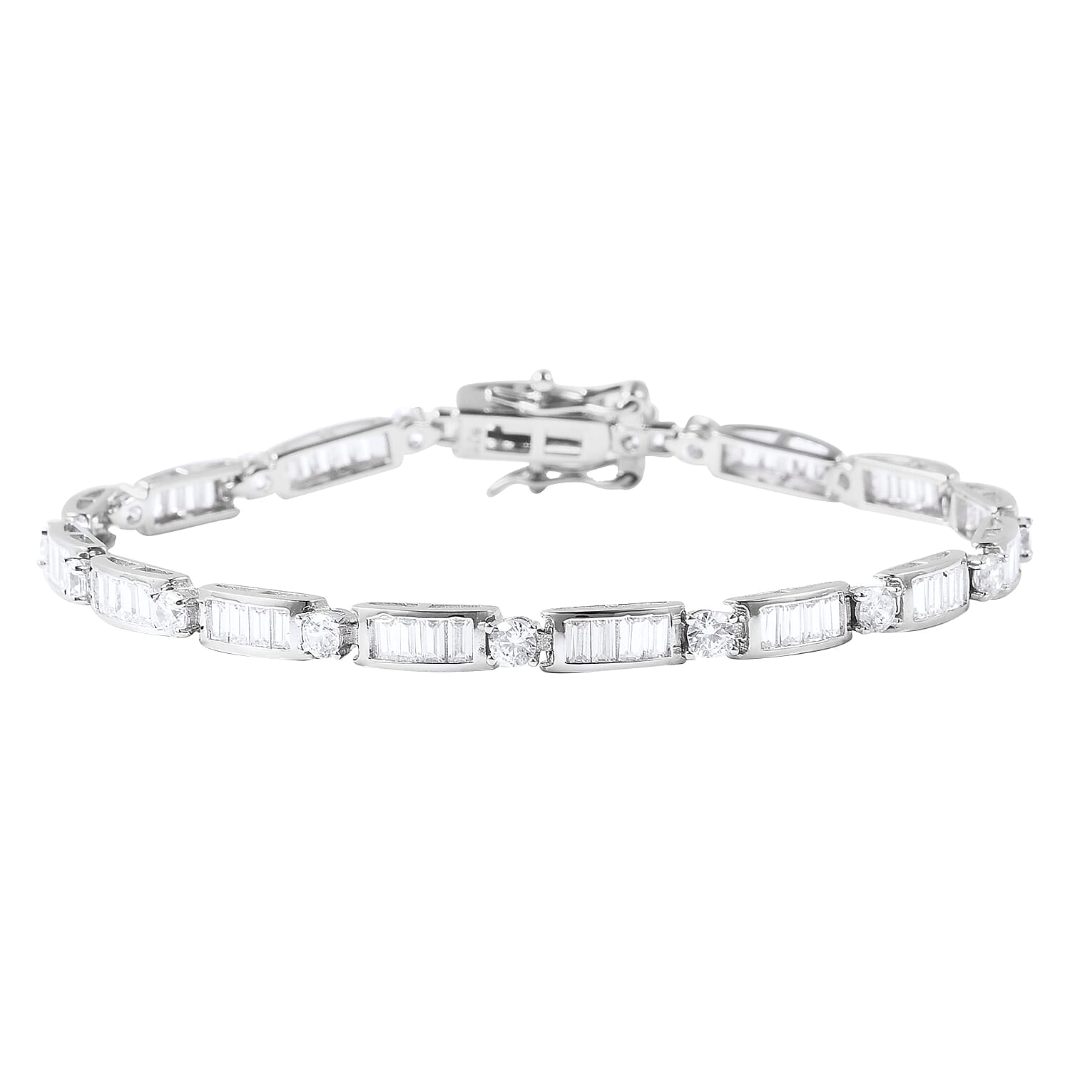 ELANZA Simulated Diamond (Rnd and Bgt) Link Bracelet (Size 7) in Rhodium Overlay Sterling Silver, Silver wt 7.80 Gms