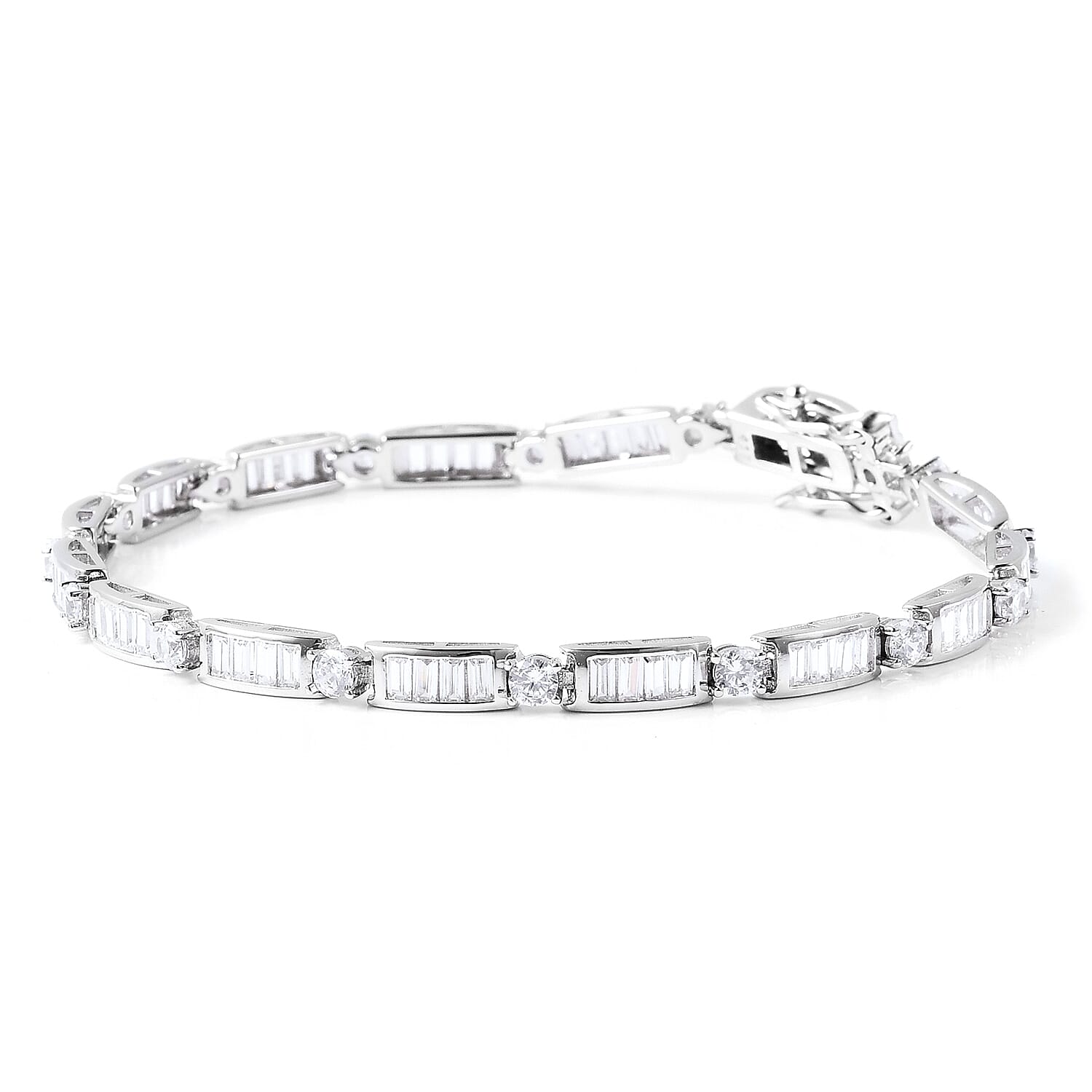 ELANZA Simulated Diamond (Rnd and Bgt) Link Bracelet (Size 7) in Rhodium Overlay Sterling Silver, Silver wt 7.80 Gms