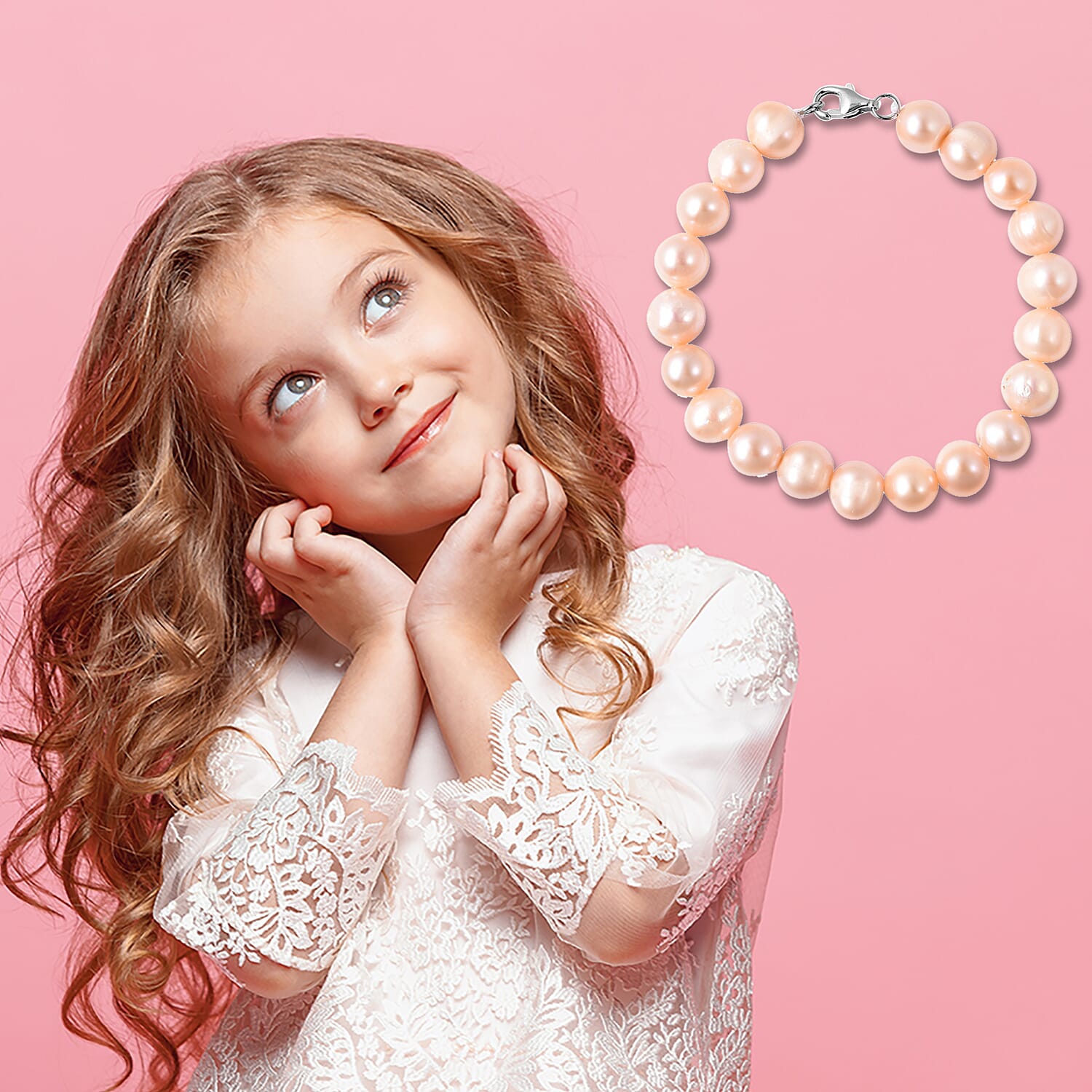 Peach Freshwater Pearl Bracelet (Size 6) with Lobster Lock in Rhodium Overlay Sterling Silver