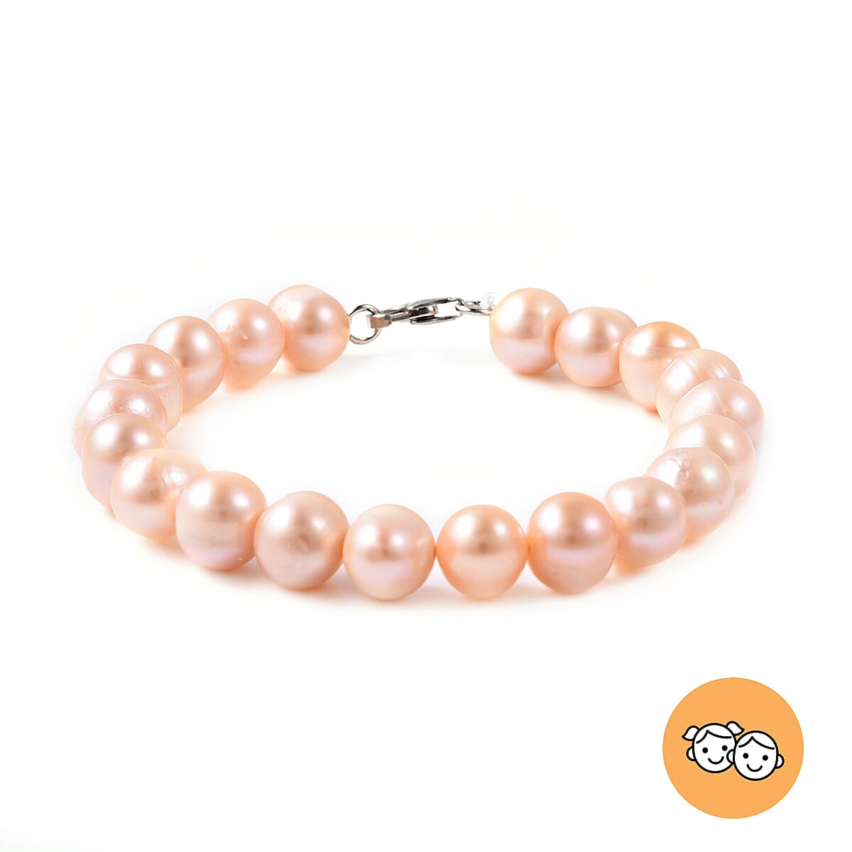 Peach Freshwater Pearl Bracelet (Size 6) with Lobster Lock in Rhodium Overlay Sterling Silver