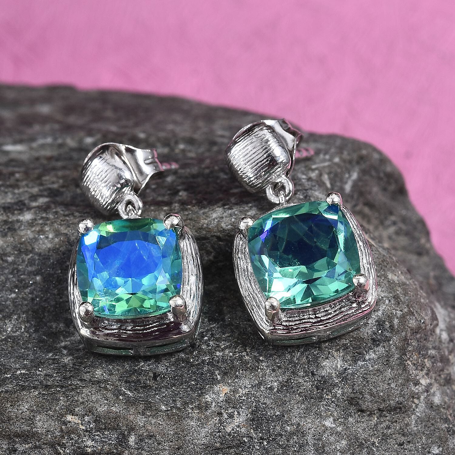 Peacock Quartz (Cush) Drop Earrings (with Push Back) in Platinum Overlay Sterling Silver 4.00 Ct.