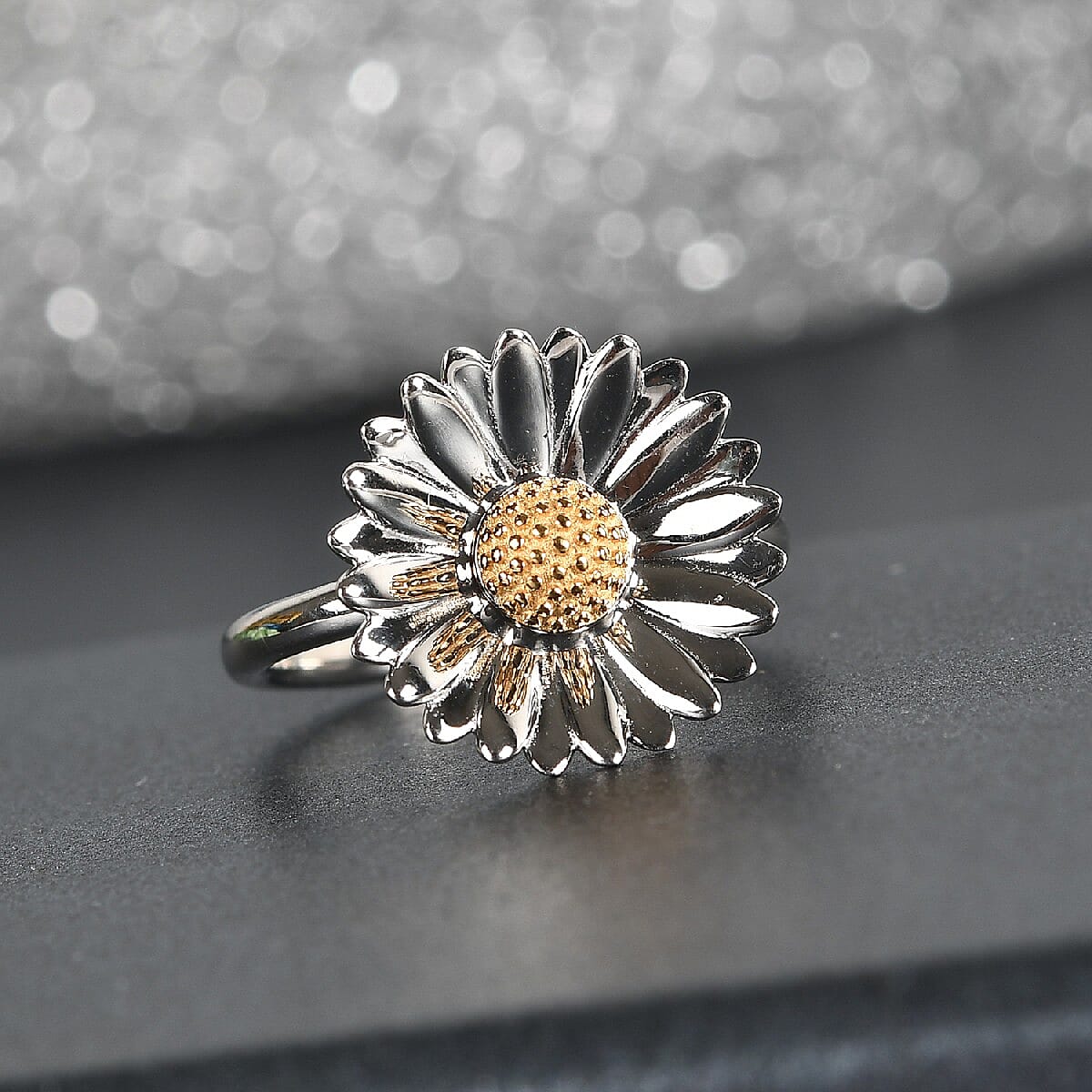 Platinum and Yellow Gold Overlay Sterling Silver Daisy Flower Ring