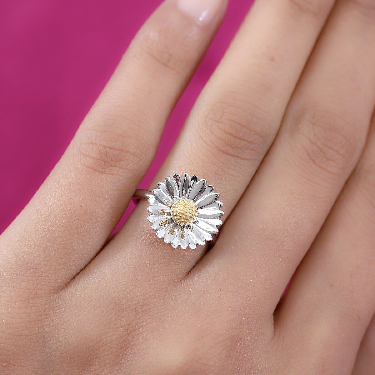 Platinum and Yellow Gold Overlay Sterling Silver Daisy Flower Ring