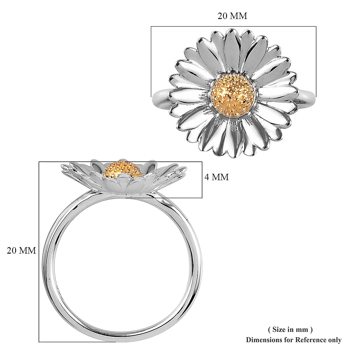 Platinum and Yellow Gold Overlay Sterling Silver Daisy Flower Ring