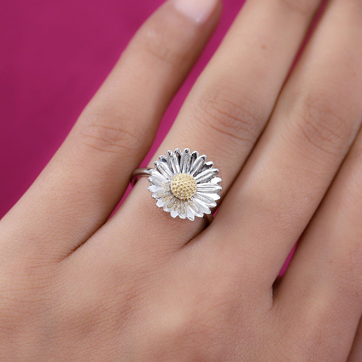 Platinum and Yellow Gold Overlay Sterling Silver Sunflower Ring