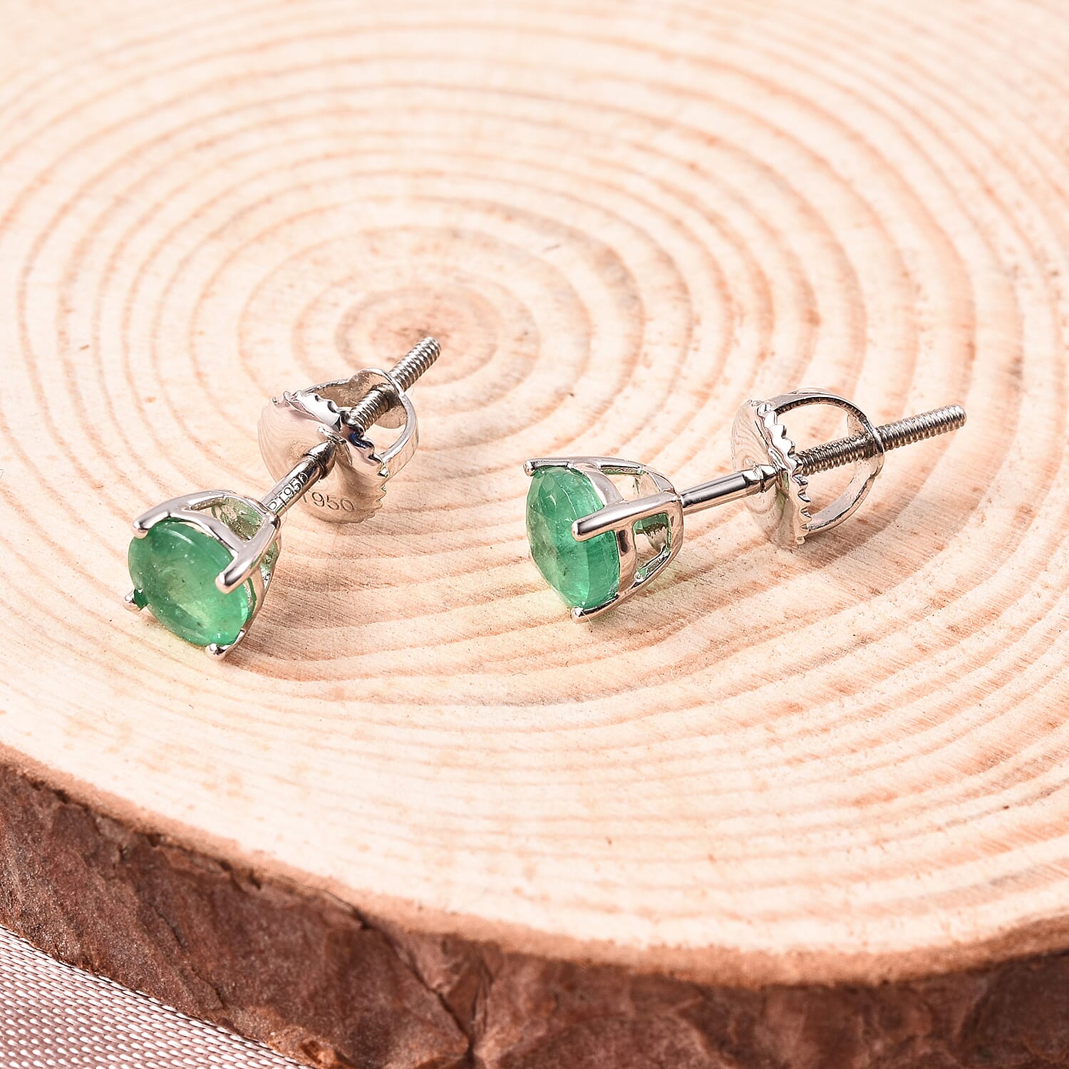 RHAPSODY 950 Platinum AAAA Zambian Emerald (Rnd) Earrings (with Screw Back) 1.00 Ct.