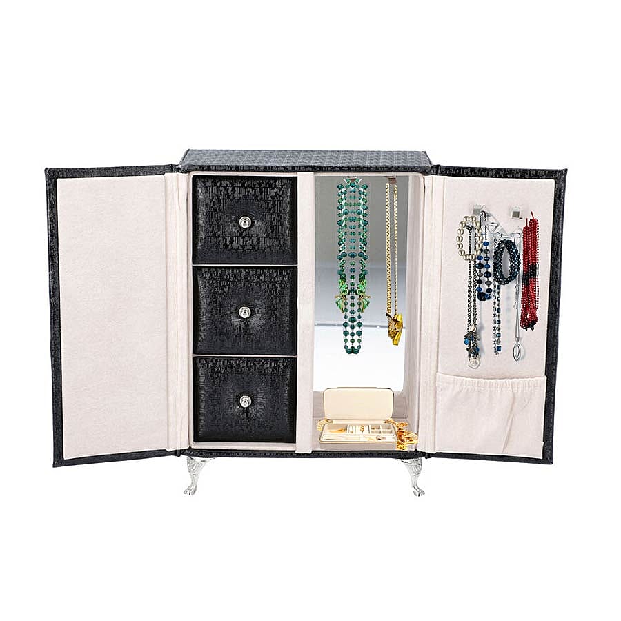 Wardrobe Design Jewellery Organiser with 3 Removable Drawers, 1 Mirror, 6 Hooks and Pocket (Size 17x9x23 Cm) - Black