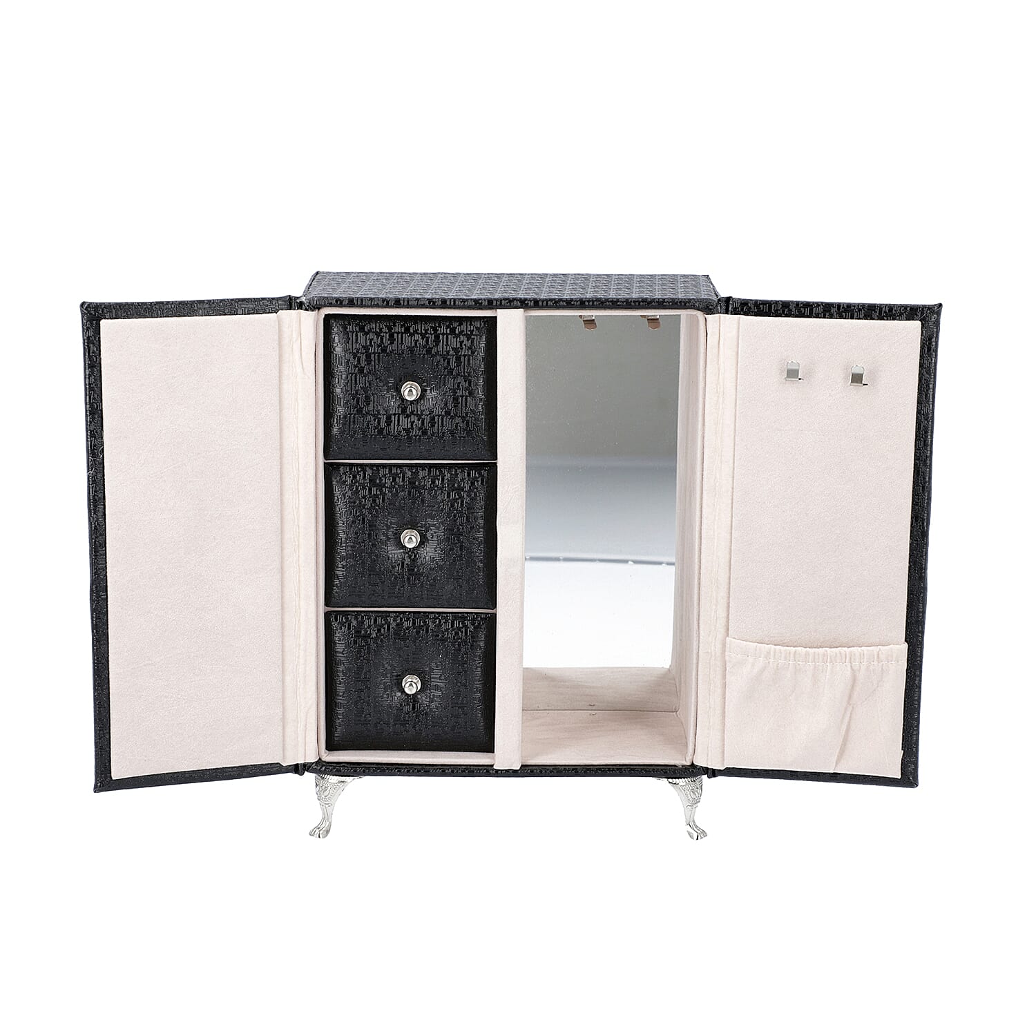 Wardrobe Design Jewellery Organiser with 3 Removable Drawers, 1 Mirror, 6 Hooks and Pocket (Size 17x9x23 Cm) - Black