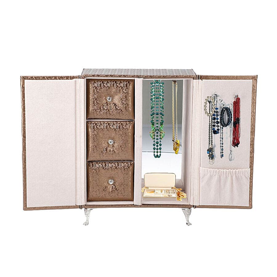 Wardrobe Design Jewellery Organiser with 3 Removable Drawers, 1 Mirror, 6 Hooks and Pocket (Size 17x9x23 Cm) - Brown