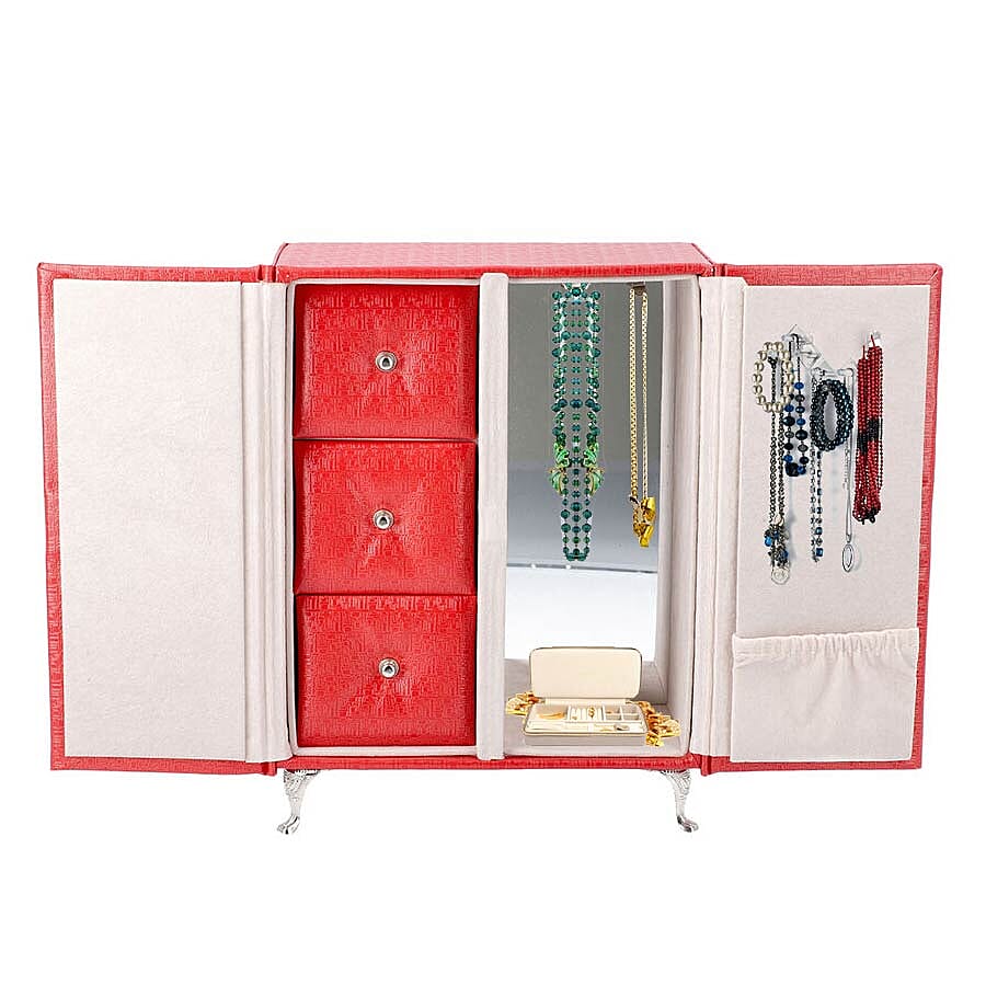 Wardrobe Design Jewellery Organiser with 3 Removable Drawers, 1 Mirror, 6 Hooks and Pocket (Size 17x9x23 Cm) - Wine Red