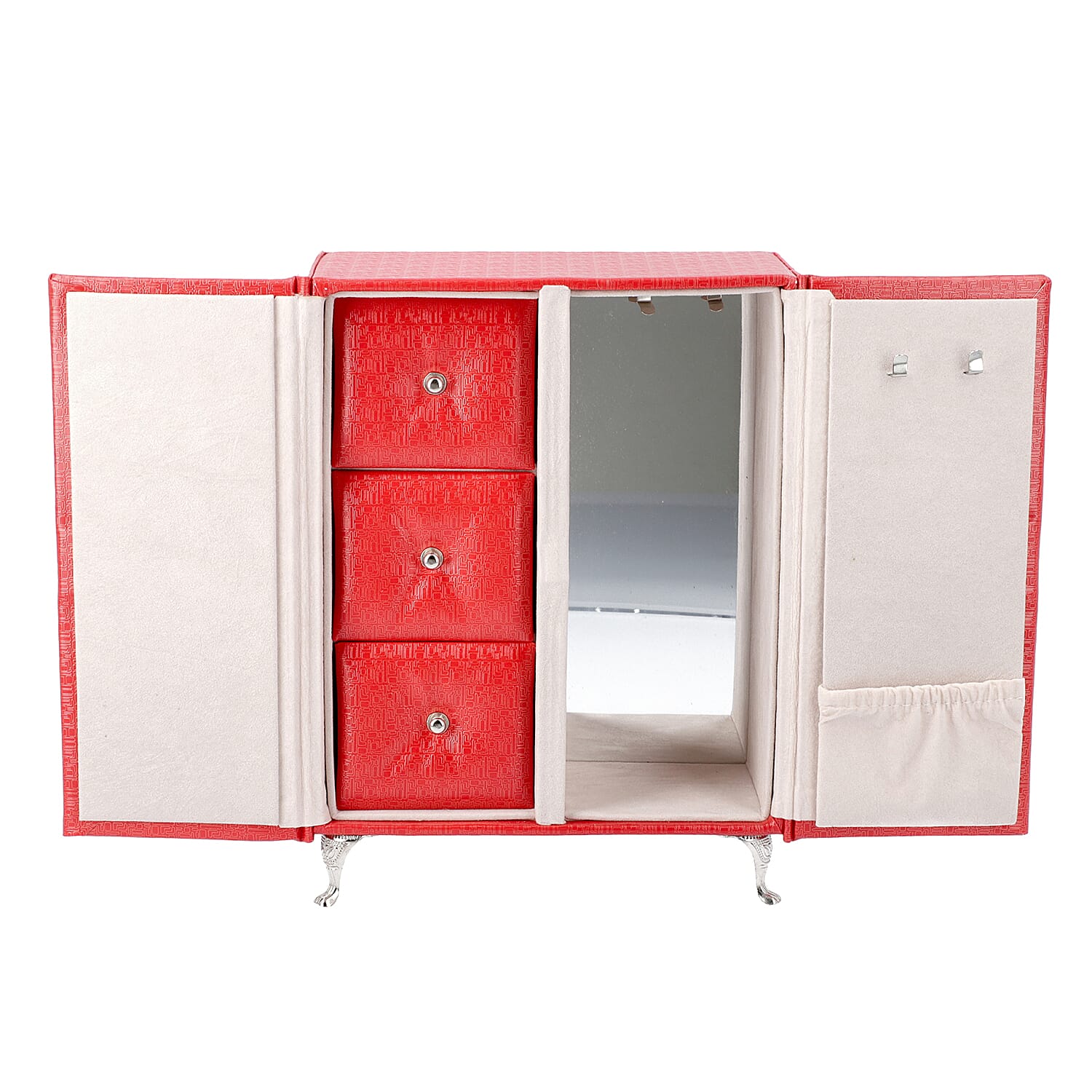Wardrobe Design Jewellery Organiser with 3 Removable Drawers, 1 Mirror, 6 Hooks and Pocket (Size 17x9x23 Cm) - Wine Red