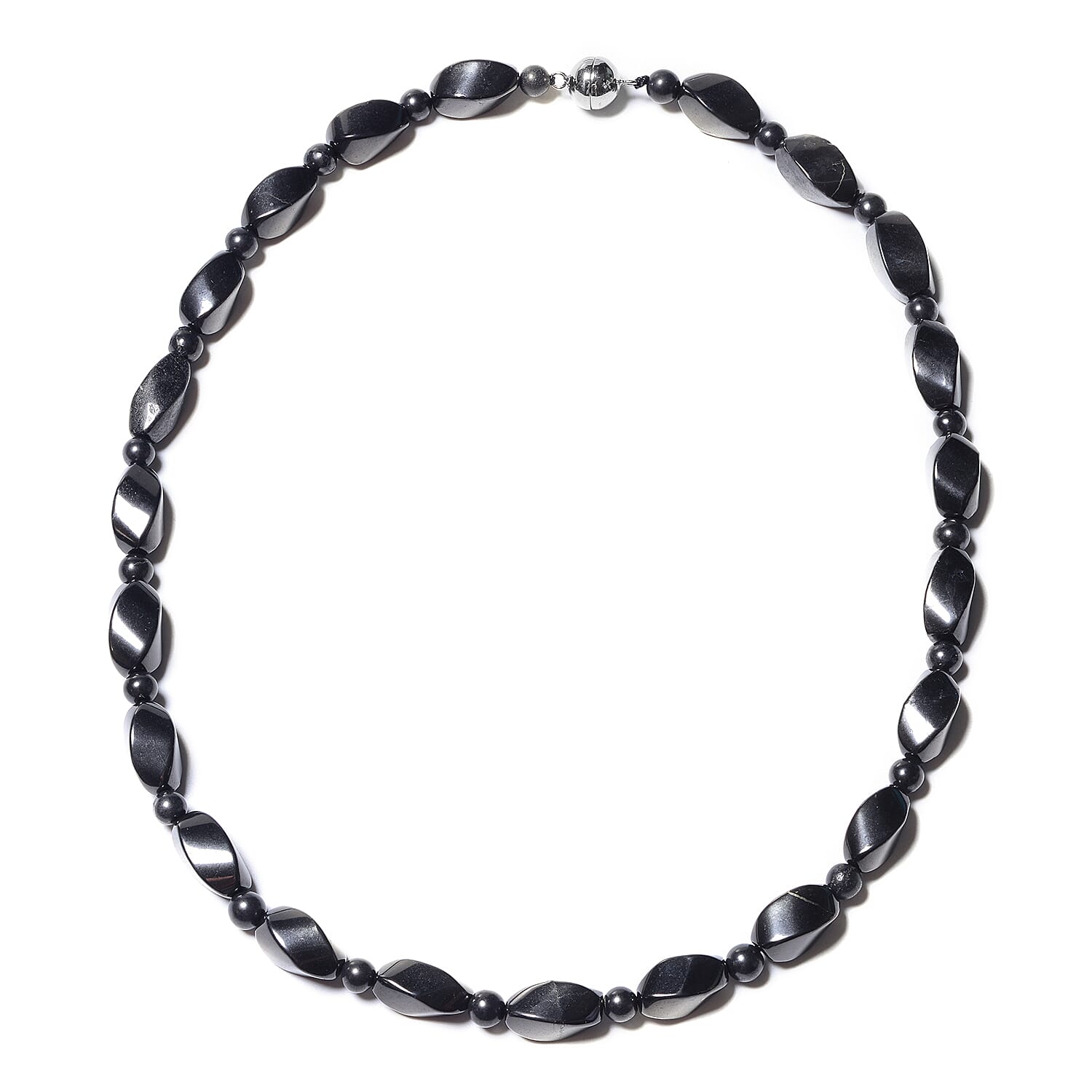 Shungite Beads Necklace (Size 20) in Rhodium Overlay Sterling Silver with Magnetic Lock 229.00 Ct.