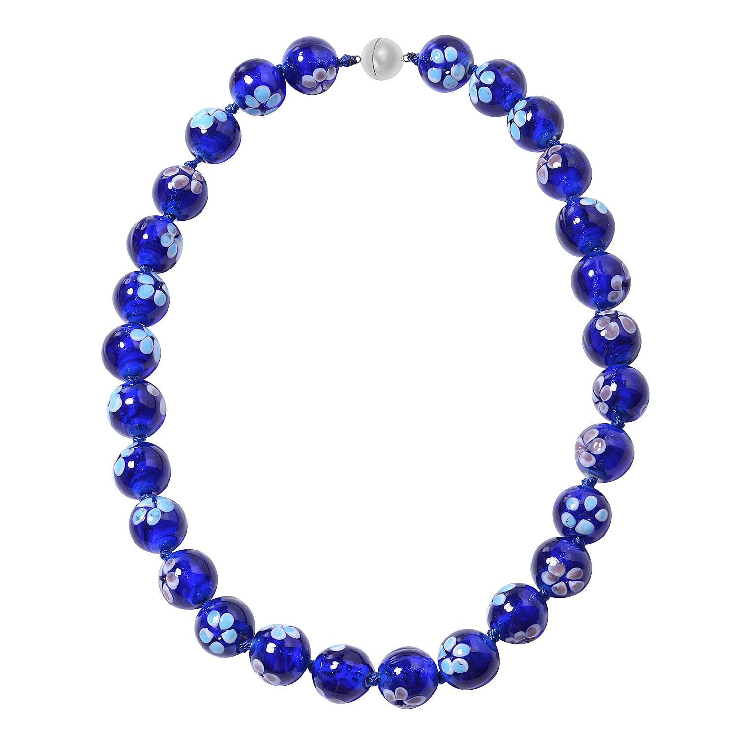 Millefiori Collection- Blue Colour Murano Style  Glass Beads Necklace (Size 20) with Magnetic Lock