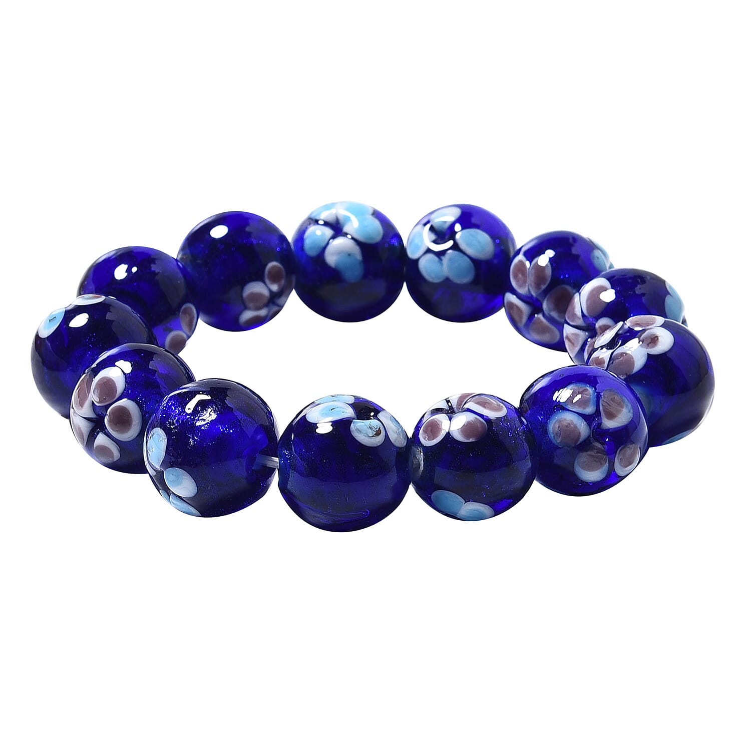 Millefiori Collection- Navy Colour Murano Style Glass Stretchable Beads Bracelet (Size 7)
