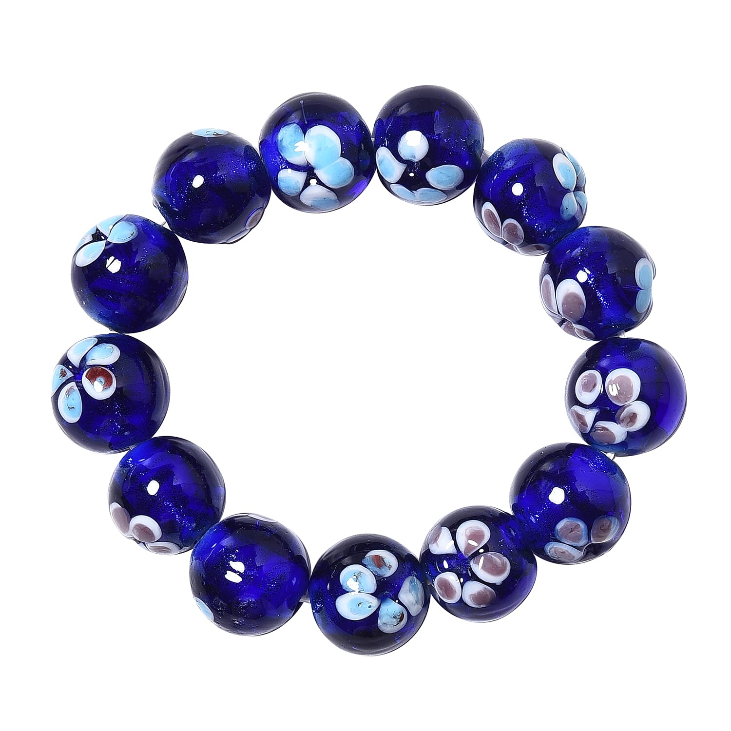 Millefiori Collection- Navy Colour Murano Style Glass Stretchable Beads Bracelet (Size 7)