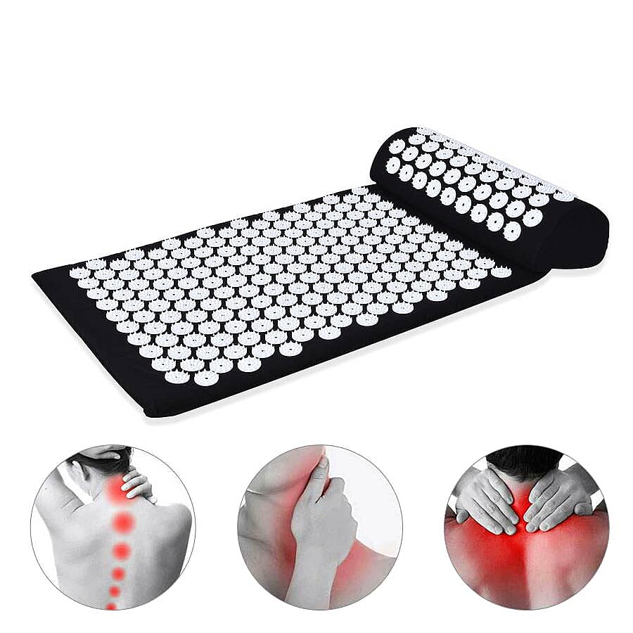 2 Piece Set - Acupressure Mat (58x36cm) and Pillow (36x14x9cm) - Black and White