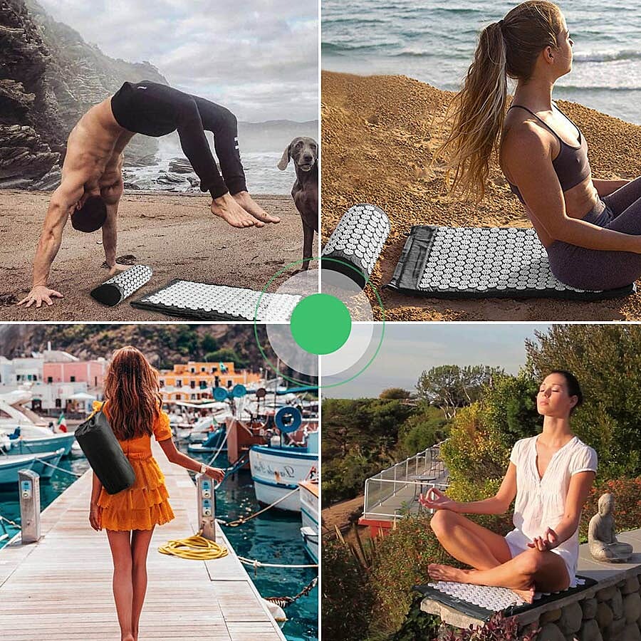 2 Piece Set - Acupressure Mat (58x36cm) and Pillow (36x14x9cm) - Black and White