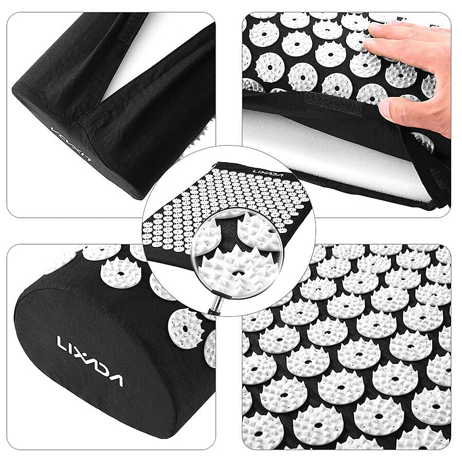 2 Piece Set - Acupressure Mat (58x36cm) and Pillow (36x14x9cm) - Black and White