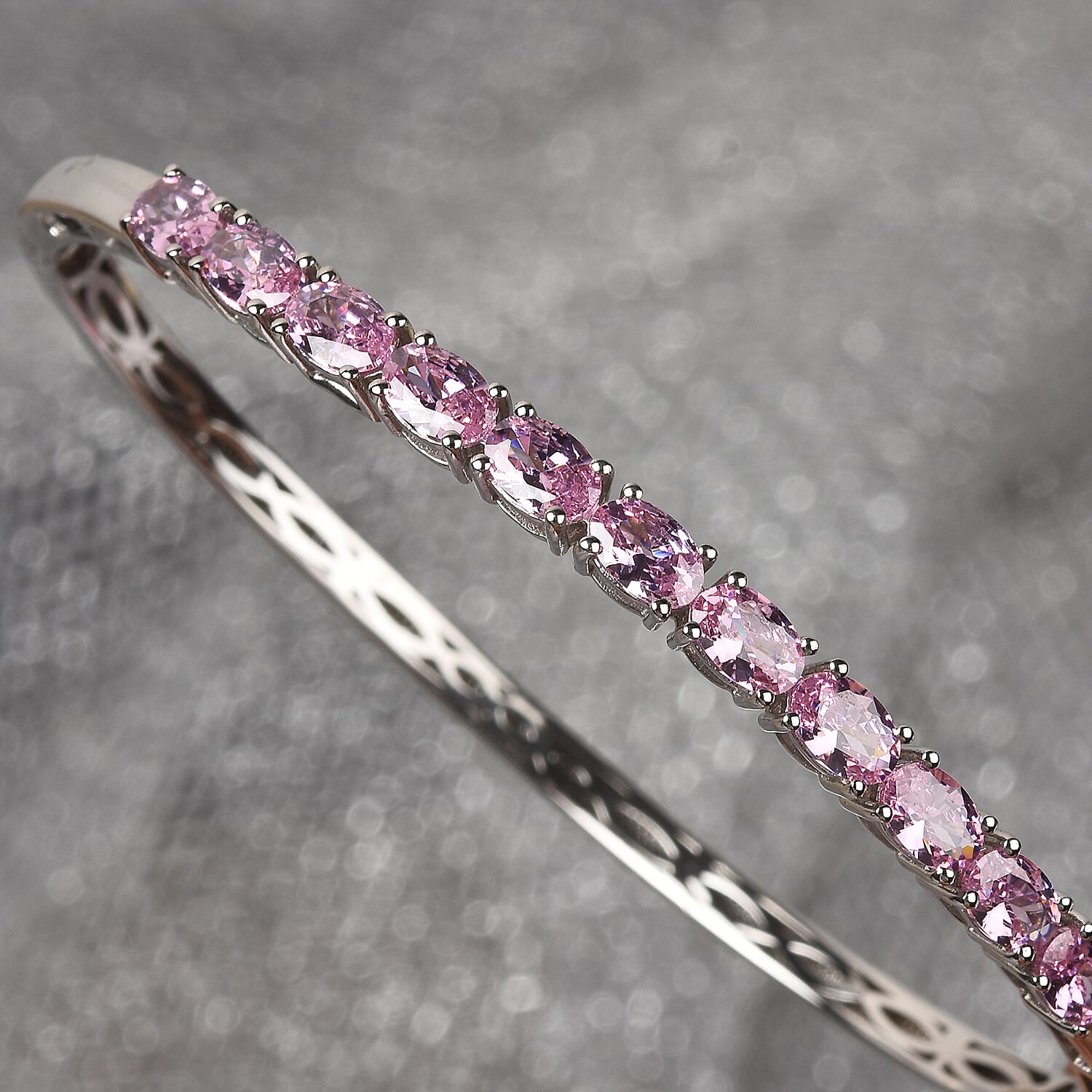 Simulated Pink Sapphire Bangle (Size 7.5) in Silver Tone