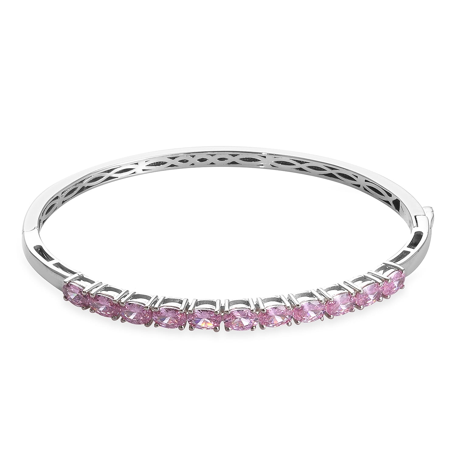 Simulated Pink Sapphire Bangle (Size 7.5) in Silver Tone